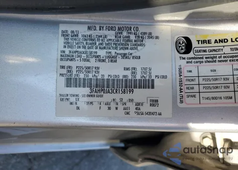 2012 Ford Fusion Sel z USA, uszkodzony, nr VIN 3FAHP0JA3CR158199